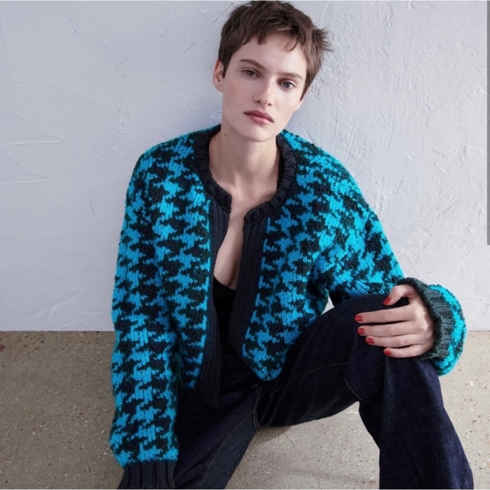 Zara Bloggers Favorite Houndstooth Knit Cardigan Sweater Blue Black Sz S